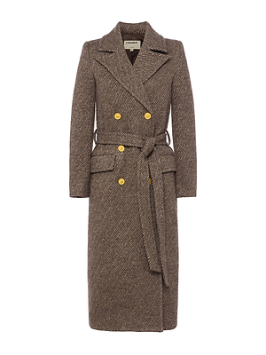 The Kolina Long Coat is a brown herringbone Italian wool piece with wide lapels, gold double-breasted buttons, a matching belt at the waist, and front flap pockets—a timelessly sophisticated statement coat.
