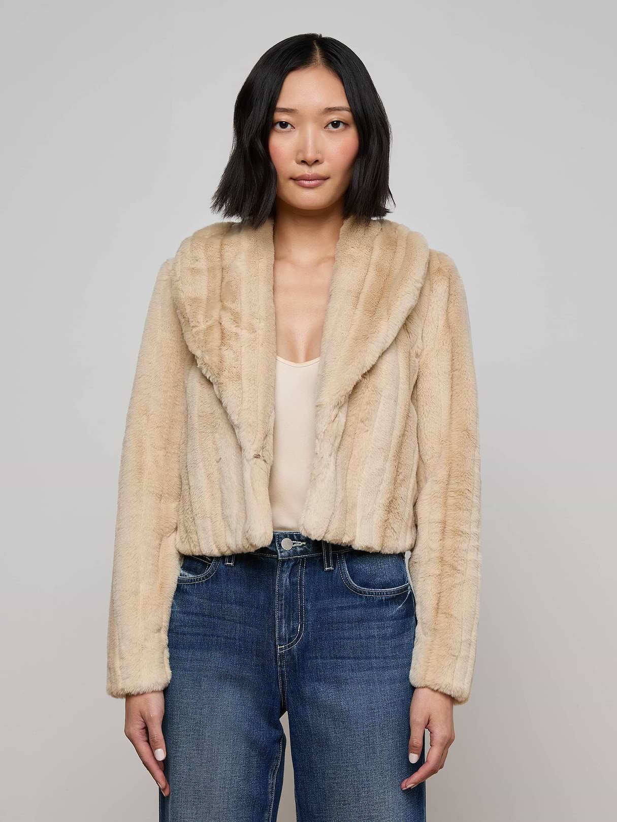 Davy Faux Fur Jacket in Latte Striped Fur | L'AGENCE