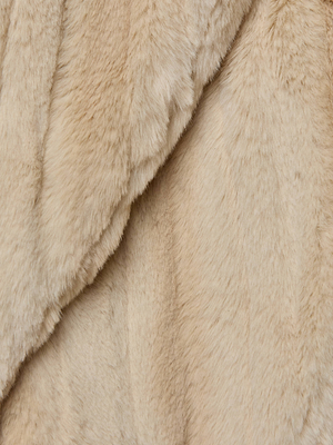 Close-up of the Davy Faux Fur Jacket by L'AGENCE, featuring soft beige striped faux fur with wavy patterns, overlapping layers, and fine, dense fibers.