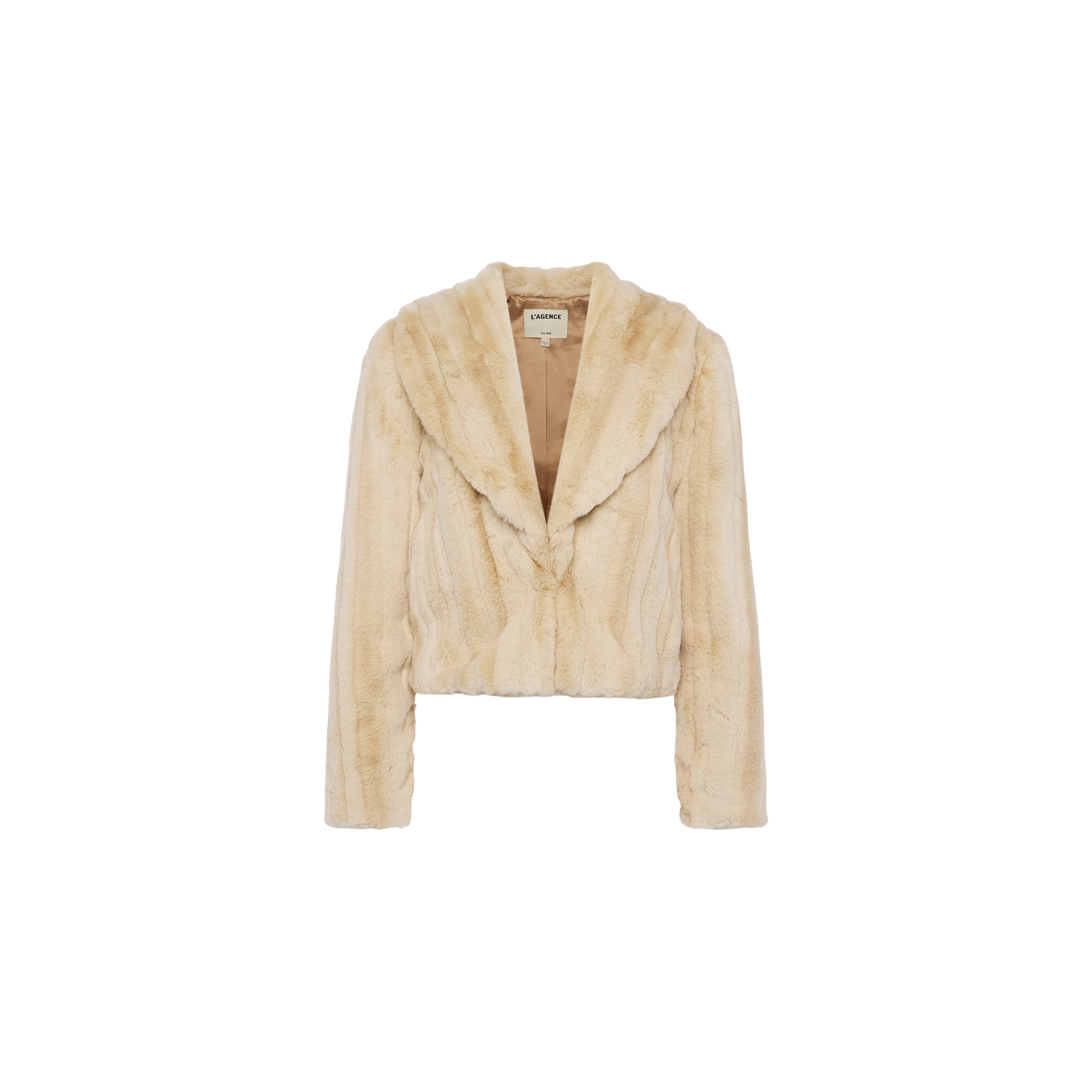 The Davy Faux Fur Jacket, shown against a plain white background, features a beige hue with a shawl collar and long sleeves. This cropped jacket boasts a plush, textured finish and a boxy silhouette that evokes the opulence of genuine mink.