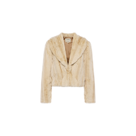 The Davy Faux Fur Jacket, shown against a plain white background, features a beige hue with a shawl collar and long sleeves. This cropped jacket boasts a plush, textured finish and a boxy silhouette that evokes the opulence of genuine mink.