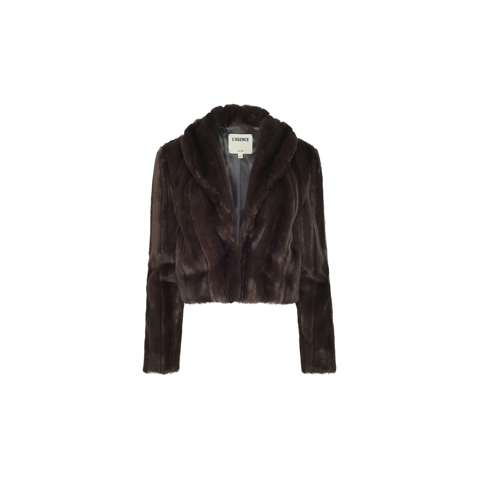 The Davy Faux Fur Jacket is a retro-inspired cropped dark brown piece with a shawl collar, showcased on a plain white background. It features a soft, plush texture and has a label sewn inside the collar.