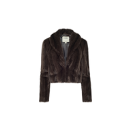 The Davy Faux Fur Jacket is a retro-inspired cropped dark brown piece with a shawl collar, showcased on a plain white background. It features a soft, plush texture and has a label sewn inside the collar.