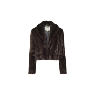 The Davy Faux Fur Jacket is a cropped dark brown jacket featuring long sleeves, a wide shawl collar, and a label reading “Ladance” inside the neckline. This retro-inspired piece is showcased against a plain white background.