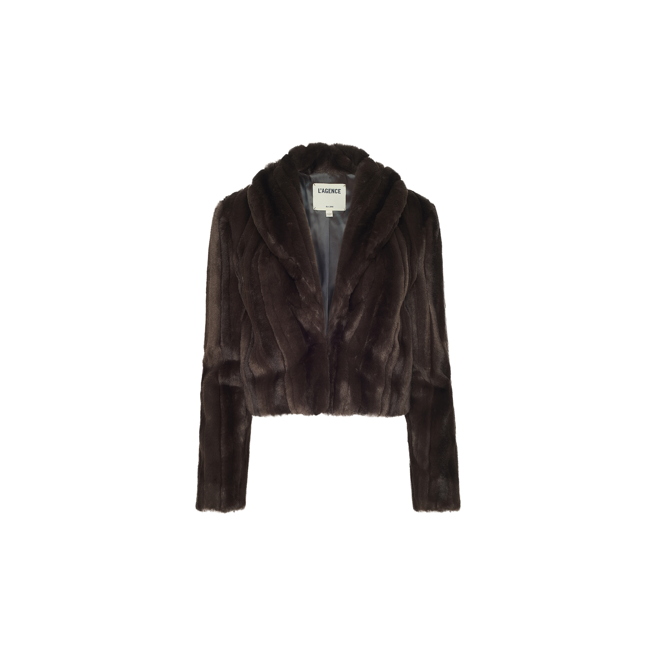 The Davy Faux Fur Jacket is a retro-inspired cropped dark brown piece with a shawl collar, showcased on a plain white background. It features a soft, plush texture and has a label sewn inside the collar.