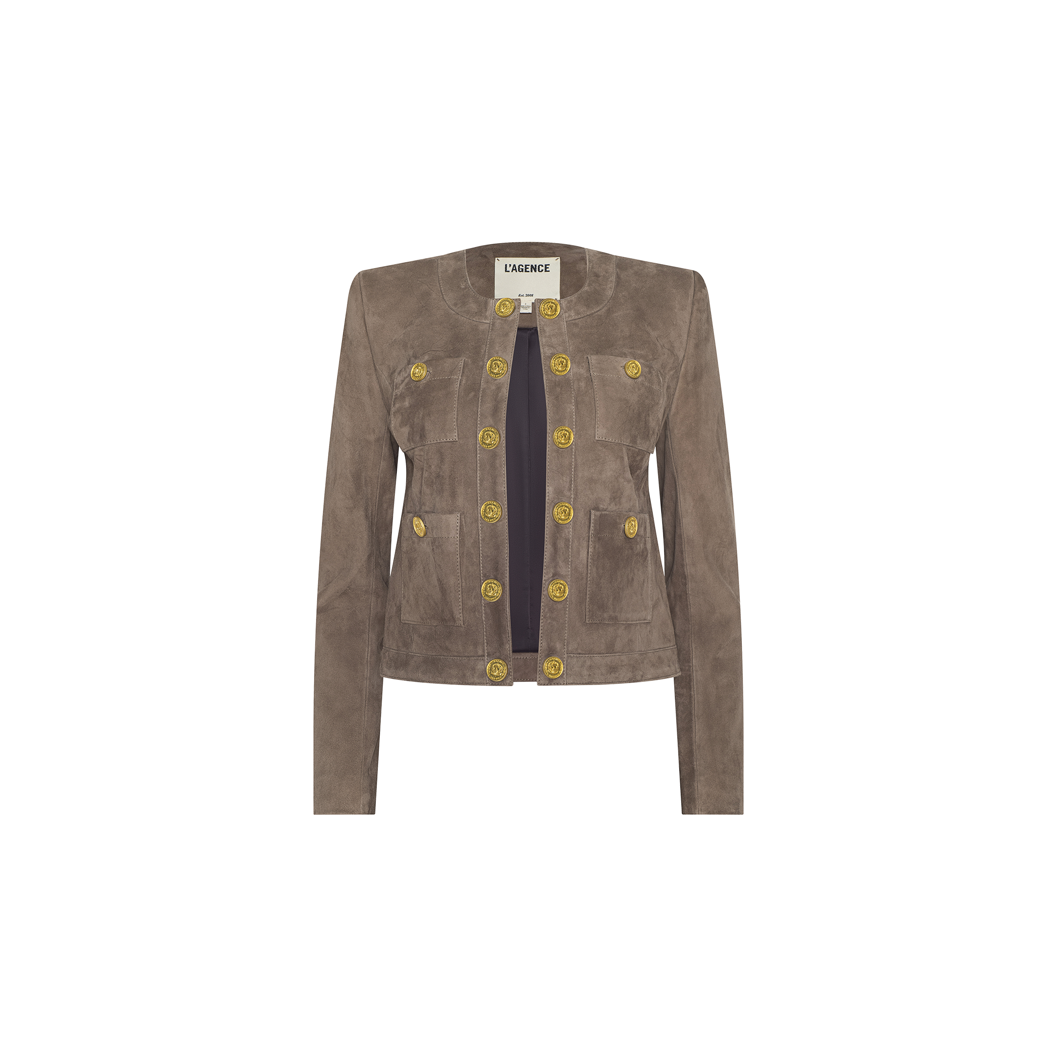 The Jayde Collarless Jacket is a chic women’s layering piece crafted from brown suede, featuring long sleeves, front pockets, an open front design, and gold buttons as decorative accents. Displayed on a plain white background, this jacket offers a stylish and modern look without a collar.