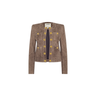 The Jayde Collarless Jacket is a chic women’s layering piece crafted from brown suede, featuring long sleeves, front pockets, an open front design, and gold buttons as decorative accents. Displayed on a plain white background, this jacket offers a stylish and modern look without a collar.