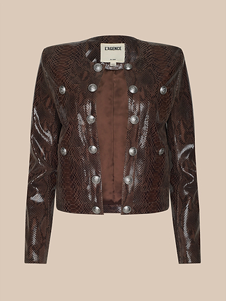 The Jayde Leather Jacket is a brown faux snakeskin piece featuring a high-shine finish, long sleeves, and silver circular buttons on both sides of the front, with “LAGENCE” labeled at the neckline inside.