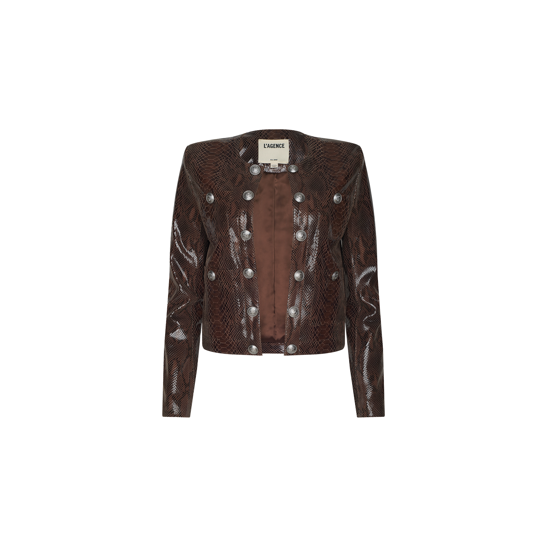 Jayde Coated Suede Jacket in a cropped dark brown snake print design, featuring silver decorative buttons, long sleeves, and a round neckline, displayed on a plain white background.