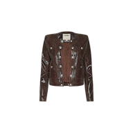 Jayde Coated Suede Jacket in a cropped dark brown snake print design, featuring silver decorative buttons, long sleeves, and a round neckline, displayed on a plain white background.