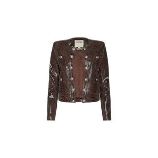The Jayde Coated Suede Jacket by L’AGENCE is a brown, long-sleeve faux snake print jacket featuring metallic buttons arranged in two rows on the front, displayed against a white background.