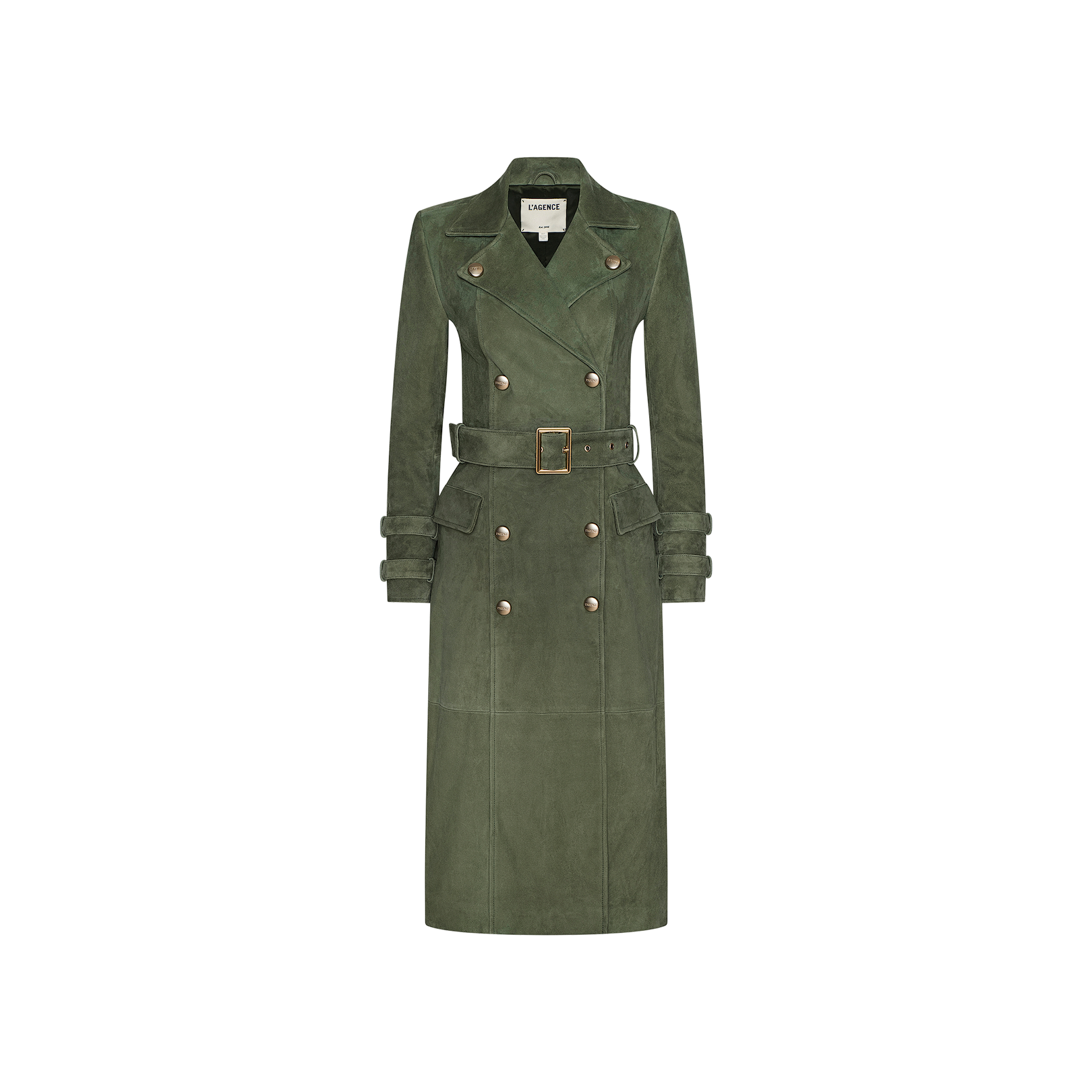 The Celina Suede Trench Coat is a long, double-breasted olive green trench coat crafted from suede, featuring a belt, gold buttons, and wide lapels that bring structured elegance to your timeless wardrobe. Shown against a plain white background.