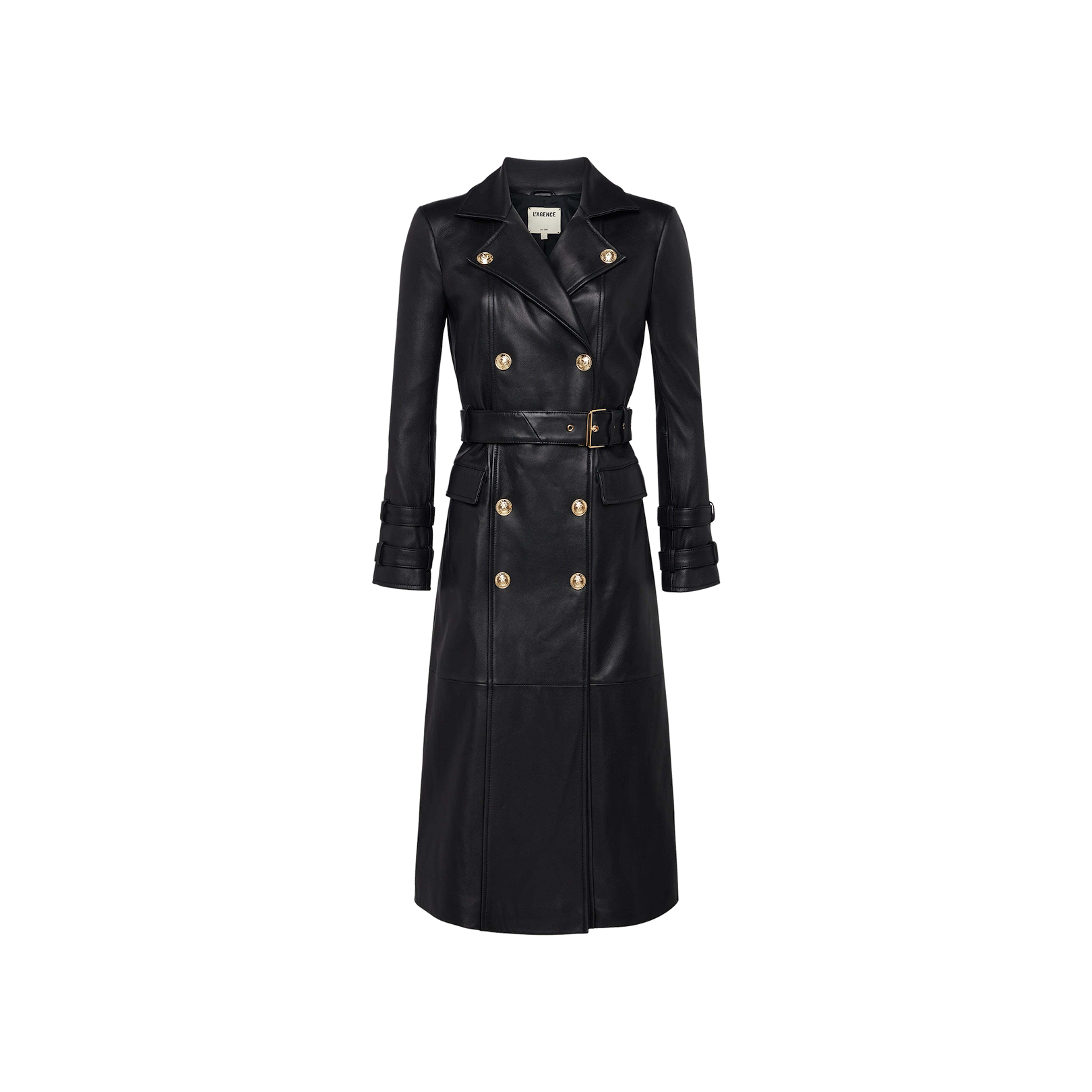 Introducing the Celina Leather Trench Coat—a long black trench coat crafted from premium leather, featuring a belted waist, gold buttons, double-breasted front, and a refined notch collar. The Celina is elegantly displayed against a plain white background.