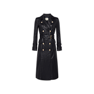 The Celina Leather Trench Coat features a long black silhouette with gold buttons, a belted waist, double-breasted front, and wide lapels, showcased against a plain light background. This premium piece exudes sophistication and timeless style.