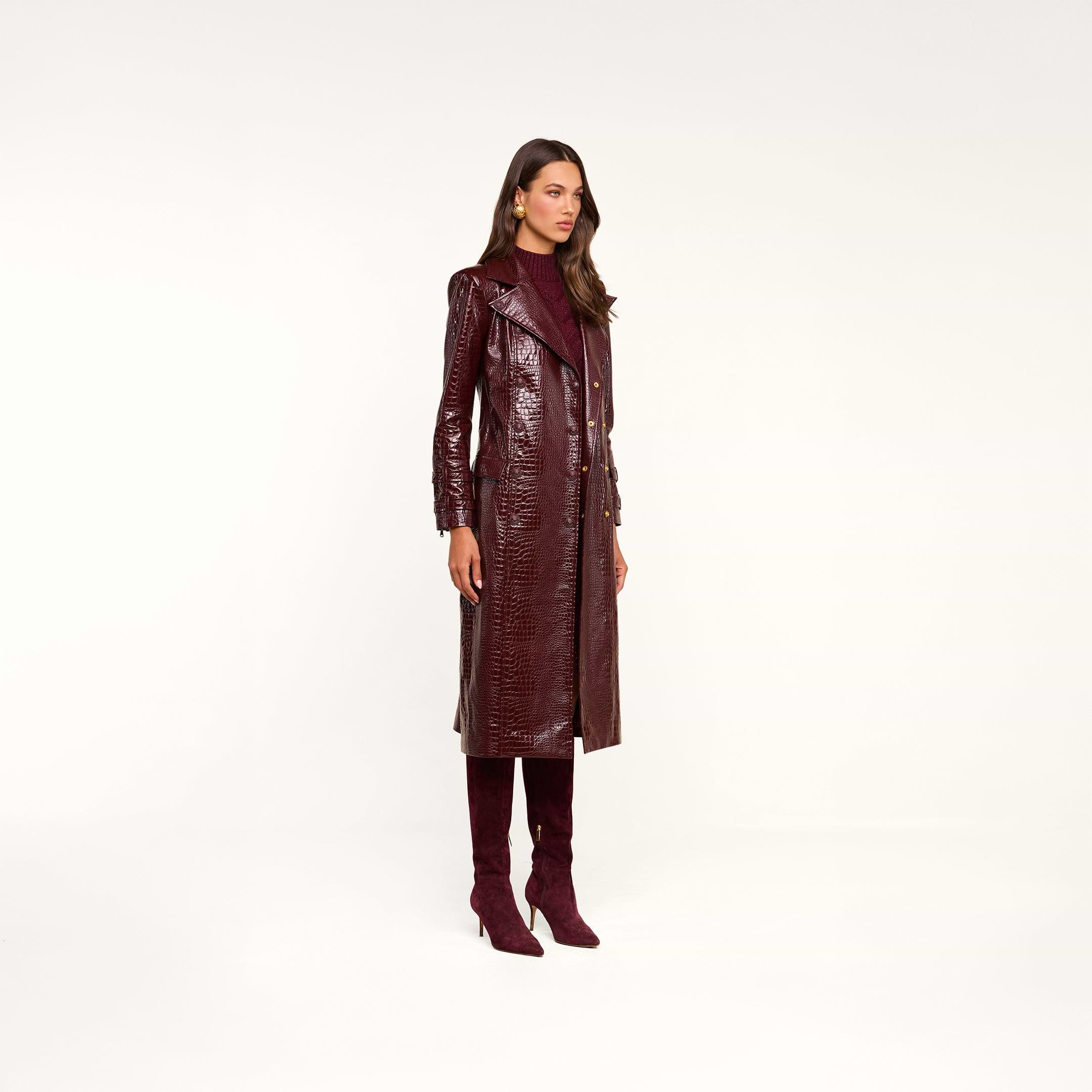Celina Trench Coat in Dark Port Croc | L'AGENCE