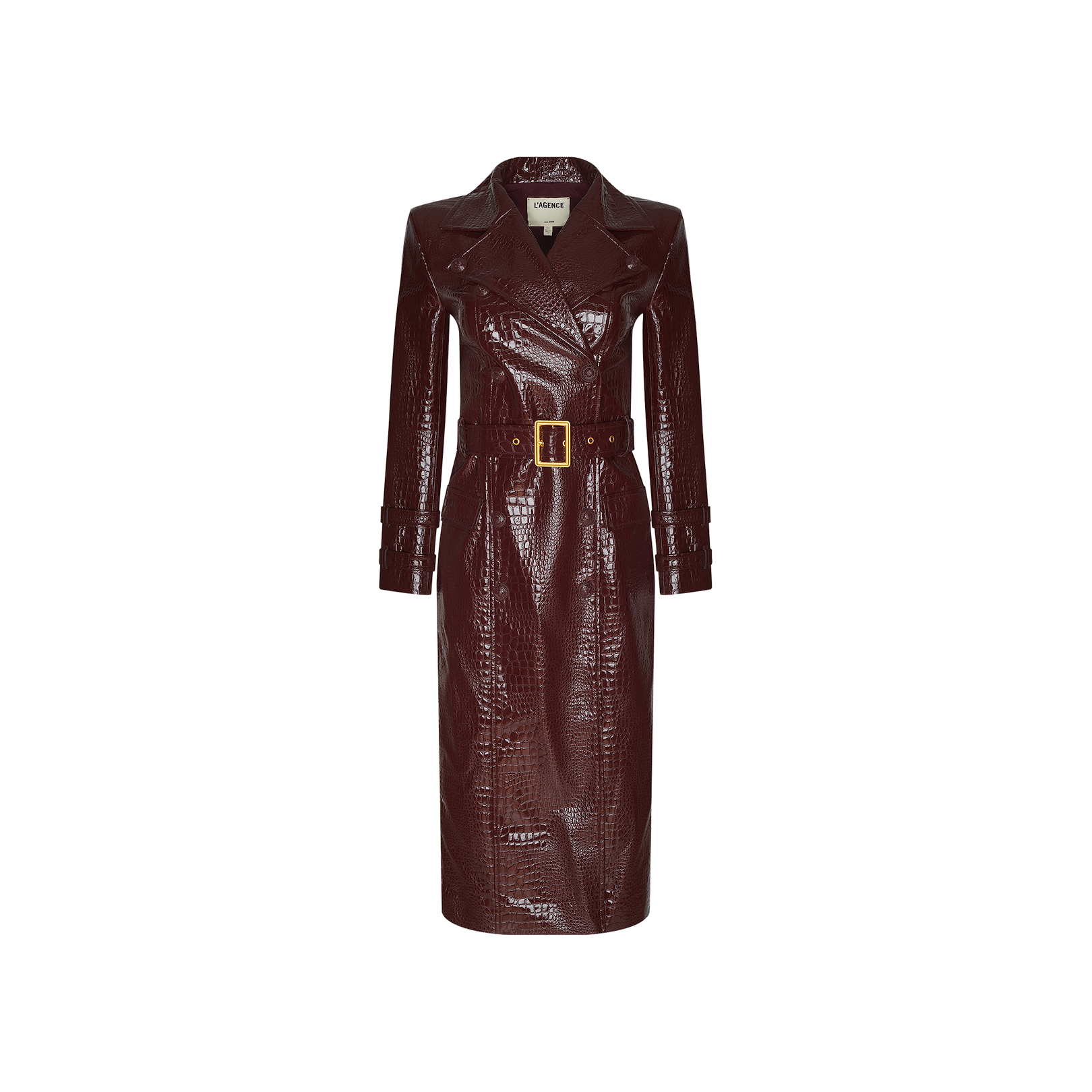 Introducing the Celina Trench Coat: a dark brown, long-sleeve vegan leather piece with striking crocodile embossing, a wide collar, and a matching belt featuring a rectangular buckle. Displayed on a plain white background, this faux-crocodile trench is an elevated statement inspired by Fall 2026 fashion.