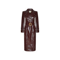 Introducing the Celina Trench Coat: a dark brown, long-sleeve vegan leather piece with striking crocodile embossing, a wide collar, and a matching belt featuring a rectangular buckle. Displayed on a plain white background, this faux-crocodile trench is an elevated statement inspired by Fall 2026 fashion.