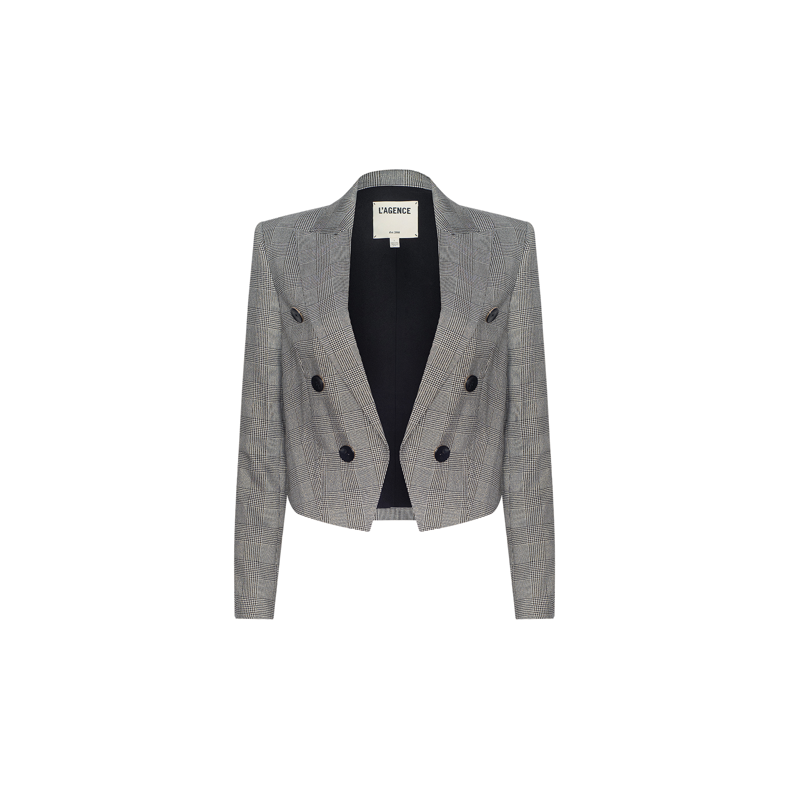 The Lila Tweed Blazer is a gray, cropped double-breasted design featuring long sleeves, black buttons, and a notched collar, shown against a plain white background.