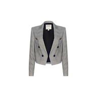 The Lila Tweed Blazer is a gray, double-breasted modern classic blazer for women, featuring black buttons, long sleeves, peaked lapels, and an open front. The label inside the collar reads LAGENCE. The blazer is displayed against a plain white background.