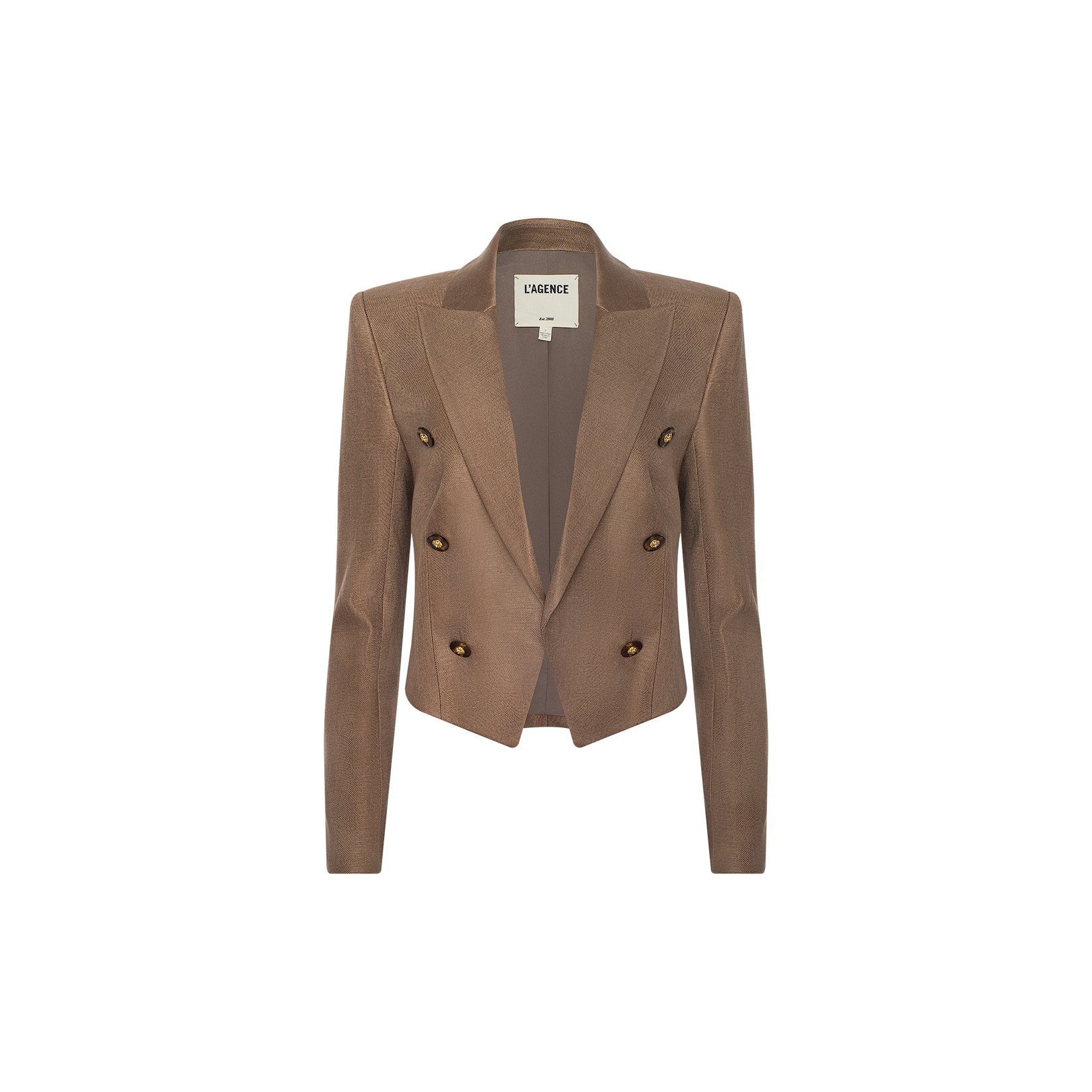 The Lila Linen-Blend Blazer is tailored in a modern classic style with long sleeves, notched lapels, and a double-breasted front featuring six buttons. Crafted from a linen blend fabric in brown, this blazer is shown against a plain white background.