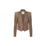 The Lila Linen-Blend Blazer is tailored in a modern classic style with long sleeves, notched lapels, and a double-breasted front featuring six buttons. Crafted from a linen blend fabric in brown, this blazer is shown against a plain white background.