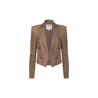 The Lila Linen-Blend Blazer is tailored in a modern classic style with long sleeves, notched lapels, and a double-breasted front featuring six buttons. Crafted from a linen blend fabric in brown, this blazer is shown against a plain white background.