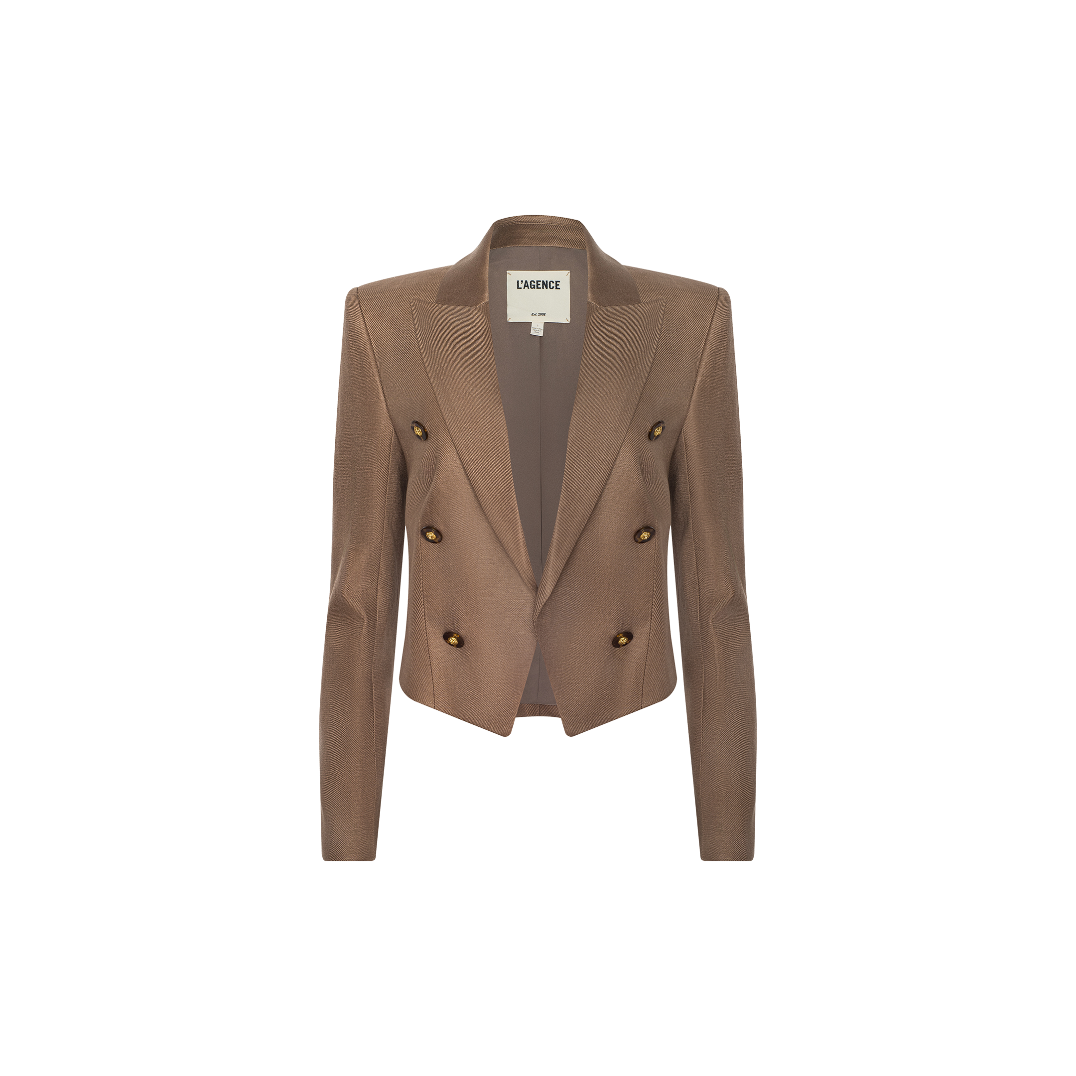 The Lila Linen-Blend Blazer is tailored in a modern classic style with long sleeves, notched lapels, and a double-breasted front featuring six buttons. Crafted from a linen blend fabric in brown, this blazer is shown against a plain white background.