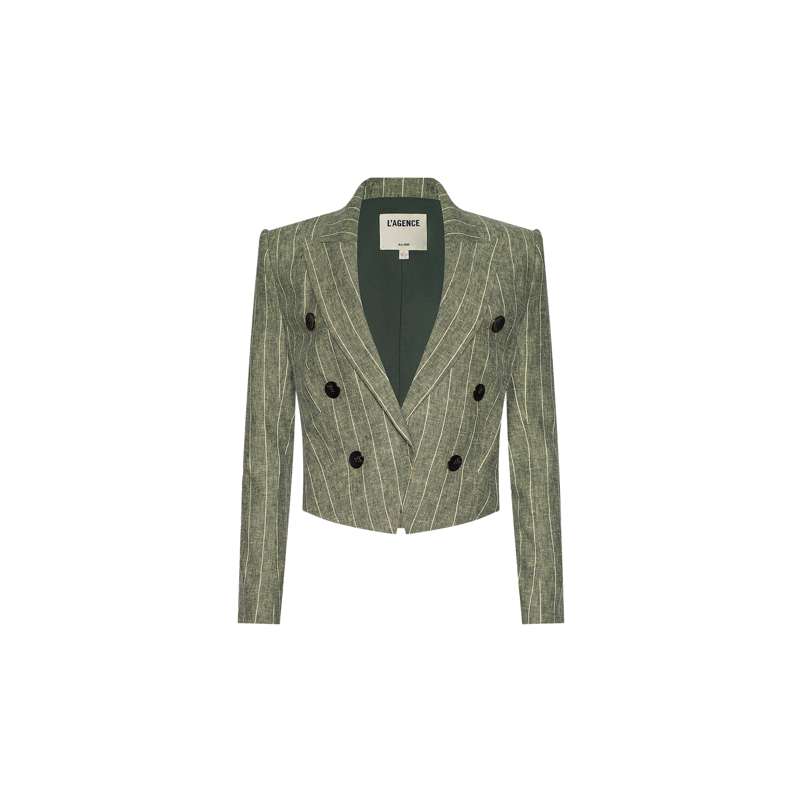 The Lila Linen-Blend Blazer features olive green pinstripes, a cropped silhouette with long sleeves, wide lapels, and double-breasted black buttons, and is showcased against a plain white background.