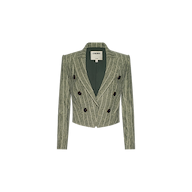 The Lila Linen-Blend Blazer is an olive green, cropped blazer featuring green pinstripes, long sleeves, a notched collar, six black buttons in a double-breasted design, and a dark green inner lining, displayed on a plain white background.