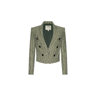 The Lila Linen-Blend Blazer features olive green pinstripes, a cropped silhouette with long sleeves, wide lapels, and double-breasted black buttons, and is showcased against a plain white background.
