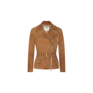 The Dinah Suede Biker Jacket is a standout piece in women’s outerwear, crafted from brown suede with gold zippers and a matching belt at the waist, displayed on a plain white background.