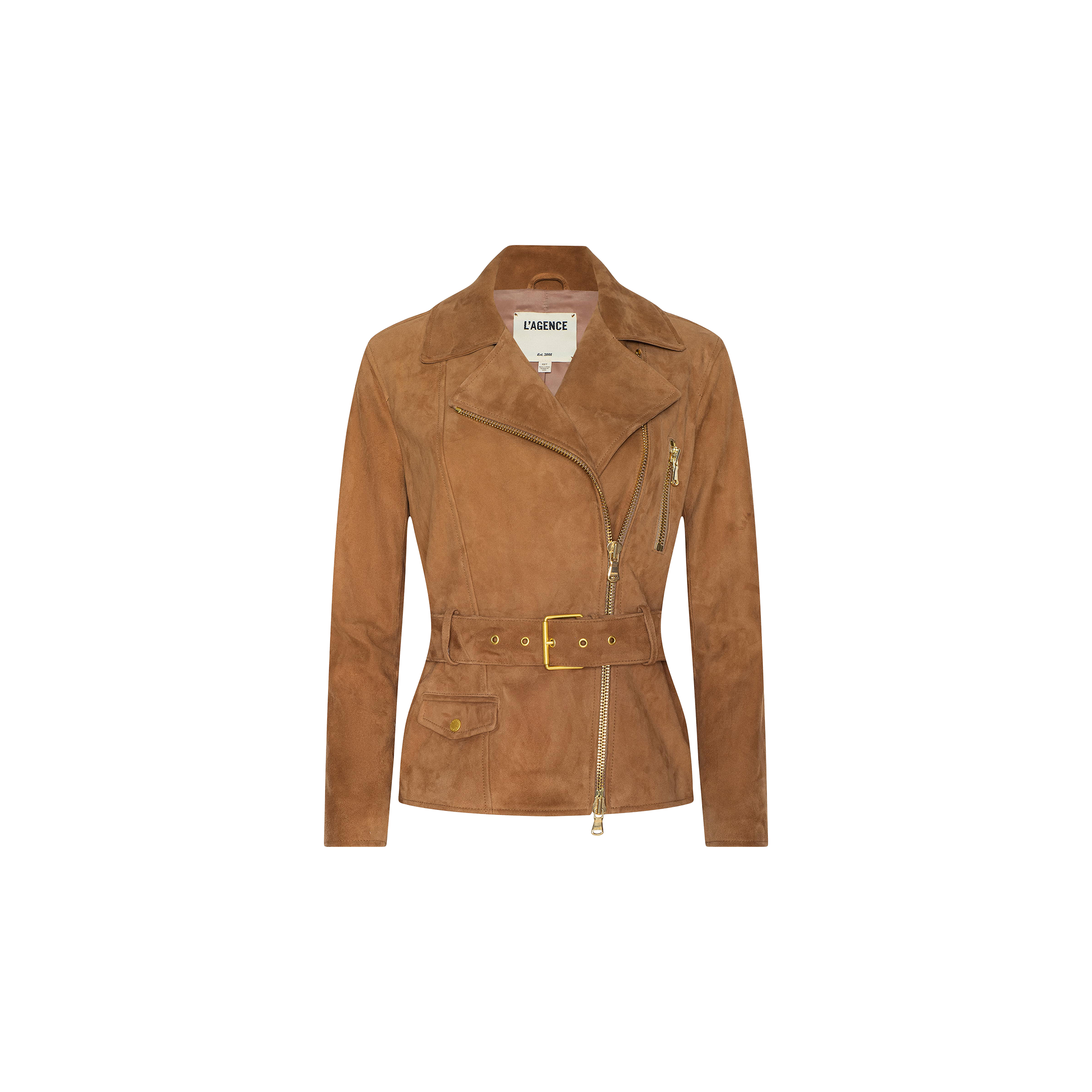 The Dinah Suede Biker Jacket is a standout piece in women’s outerwear, crafted from brown suede with gold zippers and a matching belt at the waist, displayed on a plain white background.