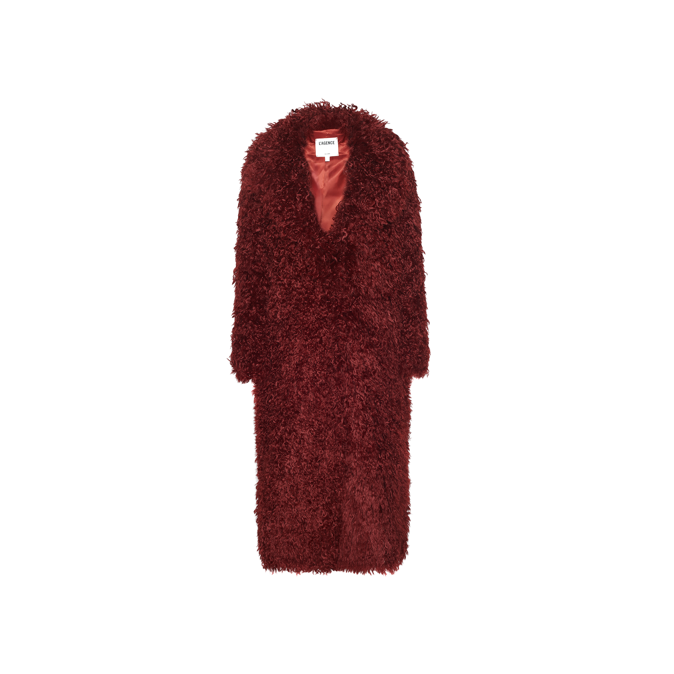 Lizbeth Faux Fur Jacket: a long-sleeved, knee-length burgundy shag faux fur coat with an open front and satin lining.