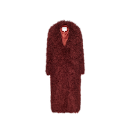 Lizbeth Faux Fur Jacket: a long-sleeved, knee-length burgundy shag faux fur coat with an open front and satin lining.