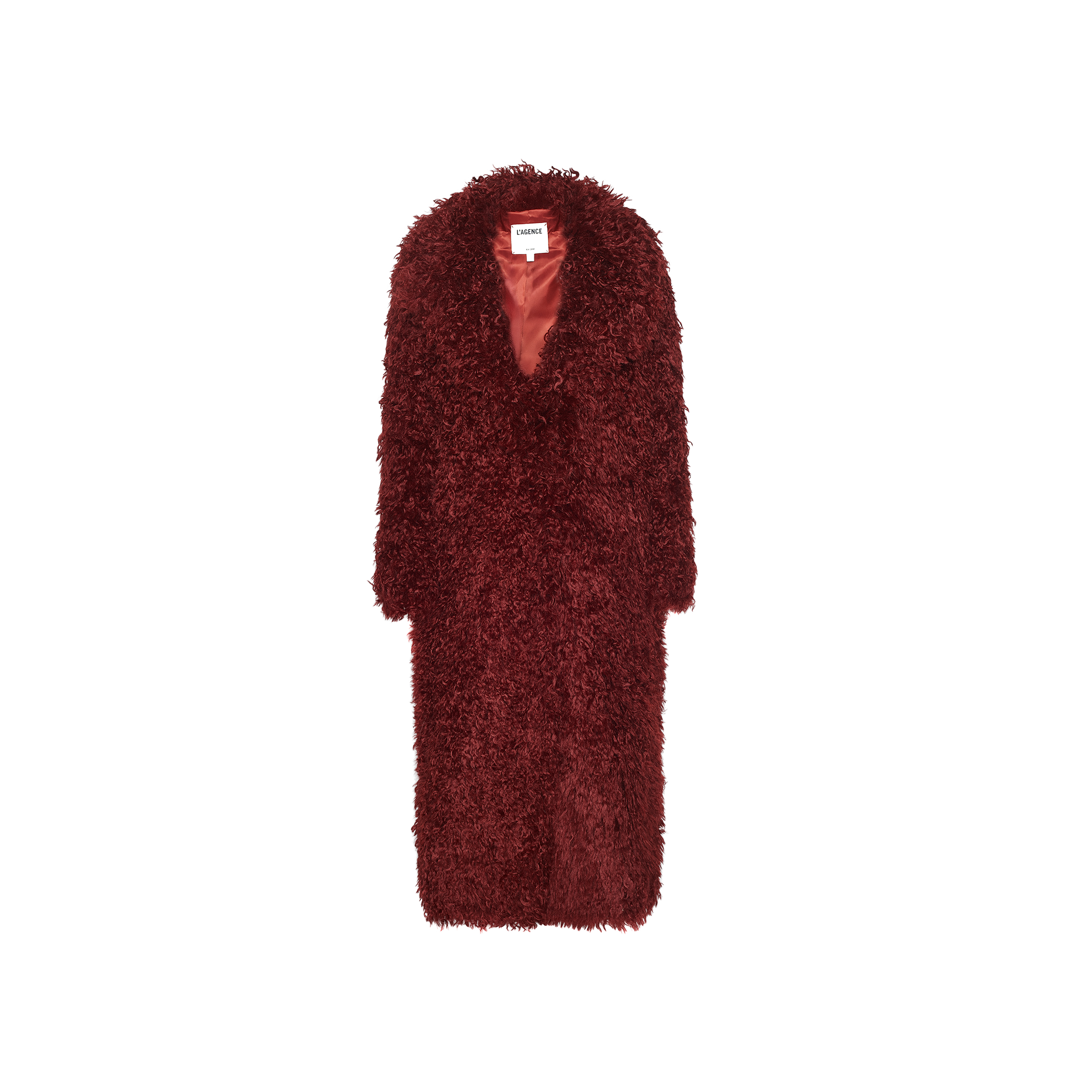 Lizbeth Faux Fur Jacket: a long-sleeved, knee-length burgundy shag faux fur coat with an open front and satin lining.