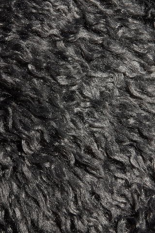 Close-up of the Lizbeth Faux Fur Jacket showcasing its dark, curly, and shiny faux fur texture, with wavy fibers and a soft, fuzzy appearance.