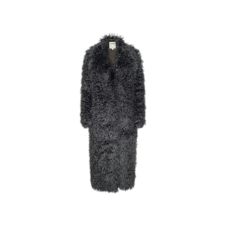 The Lizbeth Faux Fur Jacket is a long, black, shaggy faux fur coat featuring a relaxed fit and a wide collar, shown against a plain white background.