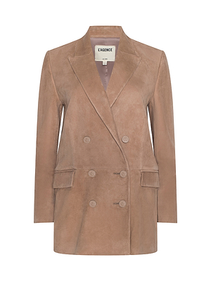 The Aimee Oversized Suede Blazer in camel features a double-breasted design, notched lapels, flap pockets, and button closure. Shown on a white background with the L’AGENCE label inside.