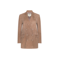 The Aimee Oversized Suede Blazer, featuring a tan hue, notched lapels, front flap pockets, and a visible brand label inside the collar, is displayed on a plain white background.