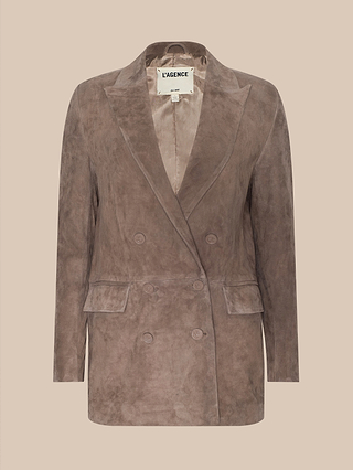 The Aimee Oversized Suede Blazer, crafted in brown suede with a double-breasted front, two front pockets, and a notched lapel, is displayed against a beige background.