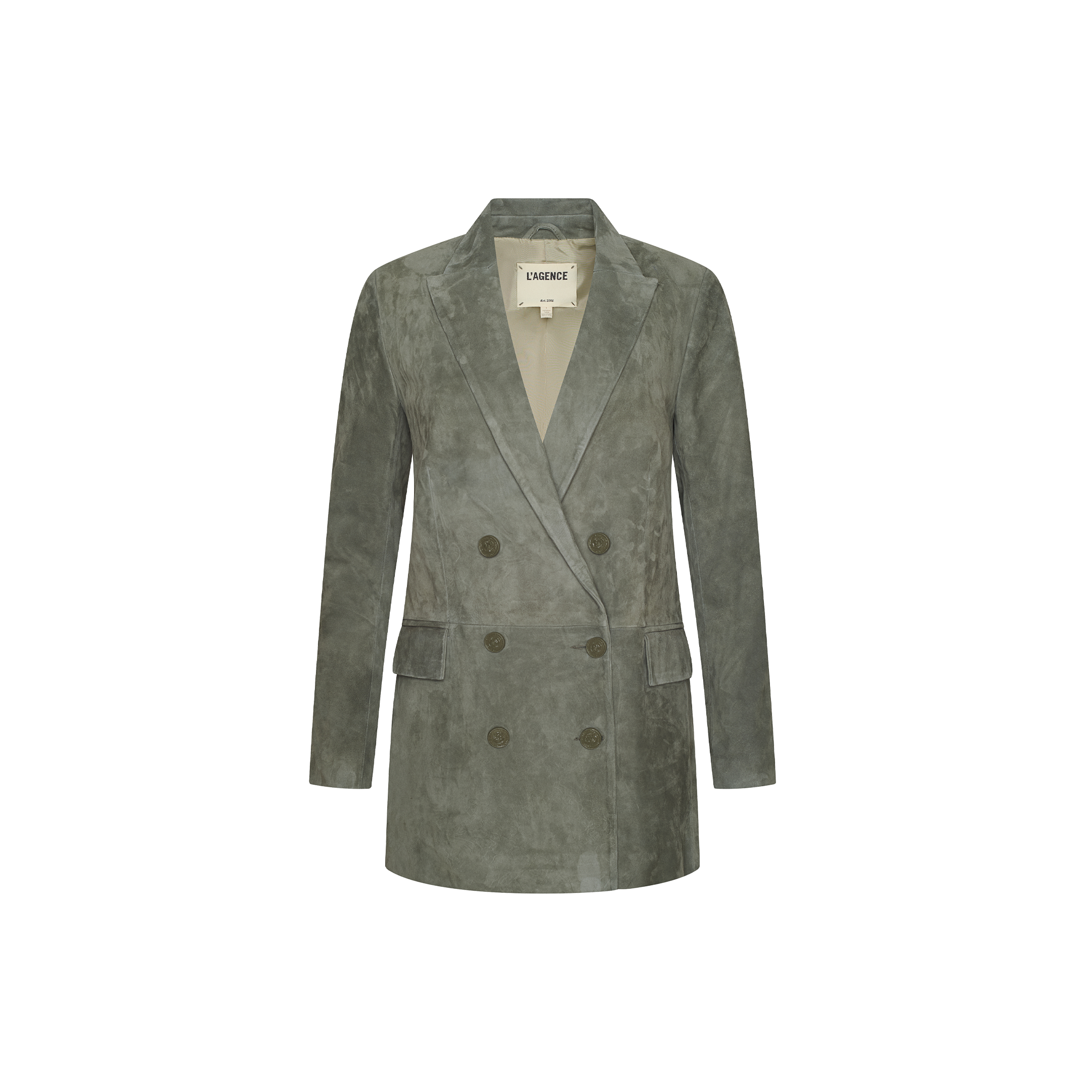 The Aimee Oversized Suede Blazer is a long, double-breasted olive green suede jacket with peak lapels and flap pockets, inspired by Paris Fashion Week Spring 2027 trends.