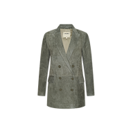 The Aimee Oversized Suede Blazer is a long, double-breasted olive green suede jacket with peak lapels and flap pockets, inspired by Paris Fashion Week Spring 2027 trends.