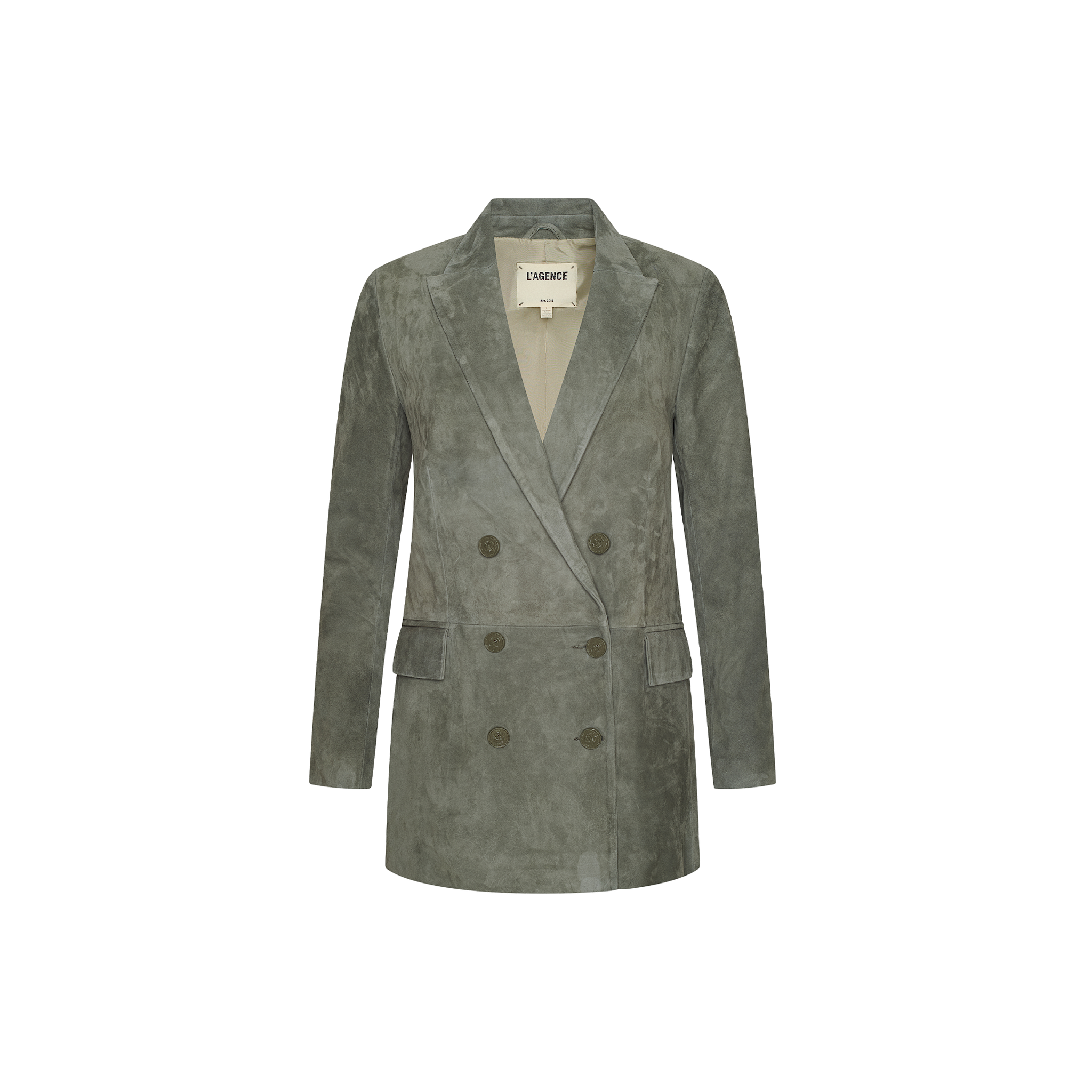 The Aimee Oversized Suede Blazer is a long, double-breasted olive green suede jacket with peak lapels and flap pockets, inspired by Paris Fashion Week Spring 2027 trends.