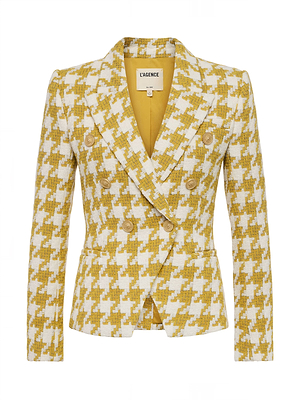 The Marie Houndstooth Tweed Blazer is a women's double-breasted yellow and white blazer with notched lapel, gold buttons, cinched waist for a tailored fit, and features the L’AGENCE label inside the collar.