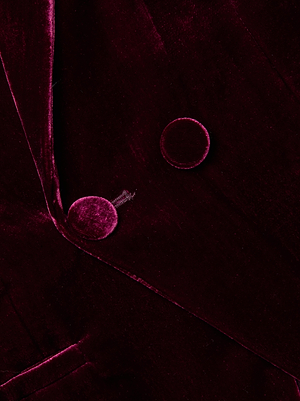 Close-up of the Marie Velvet Blazer by L'AGENCE, crafted from silk-infused maroon velvet with plush texture and subtle sheen. Features include a sharp lapel and two covered buttons on its double-breasted front.