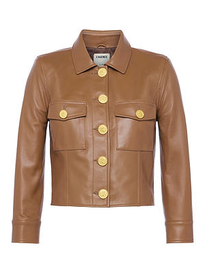The Kumi Cropped Leather Jacket by L'AGENCE is crafted from tan Italian lambskin with a pointed collar, long sleeves, gold front buttons, and two flap chest pockets.