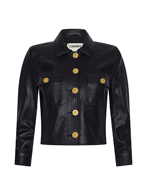 The Kumi Cropped Leather Jacket is made from soft black lambskin, with long sleeves, a collar, two front chest pockets, and large gold buttons. The label inside reads LAGENCE.