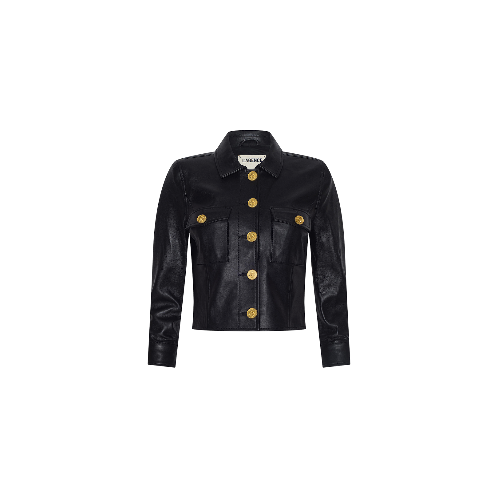 Kumi Cropped Leather Jacket in black lambskin leather with gold buttons, featuring two front pockets, a collar, and long sleeves, displayed on a plain white background.