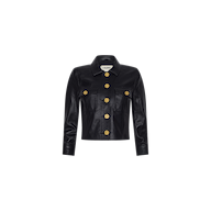 Kumi Cropped Leather Jacket in black lambskin leather with gold buttons, featuring two front pockets, a collar, and long sleeves, displayed on a plain white background.