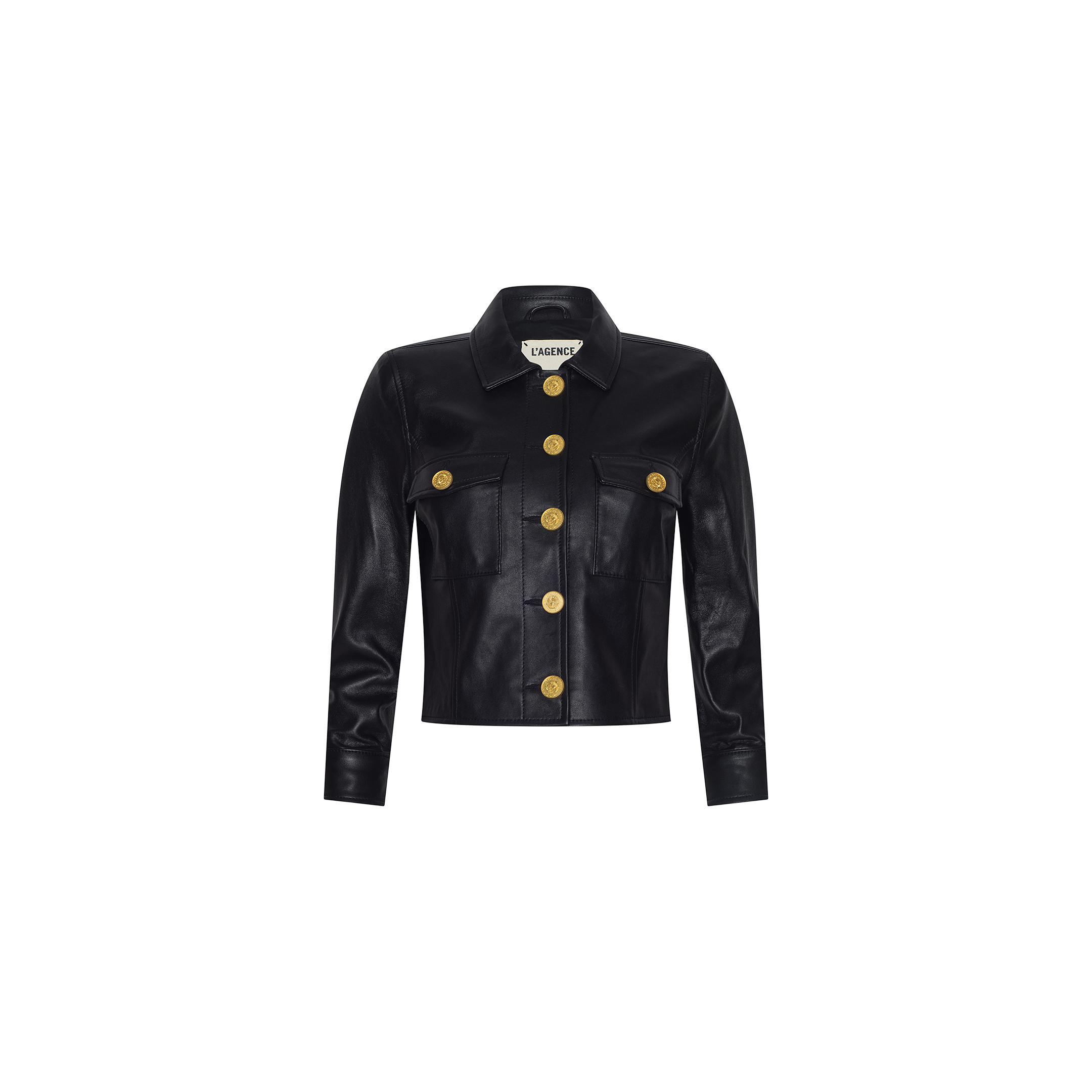 Kumi Cropped Leather Jacket in black lambskin leather with gold buttons, featuring two front pockets, a collar, and long sleeves, displayed on a plain white background.